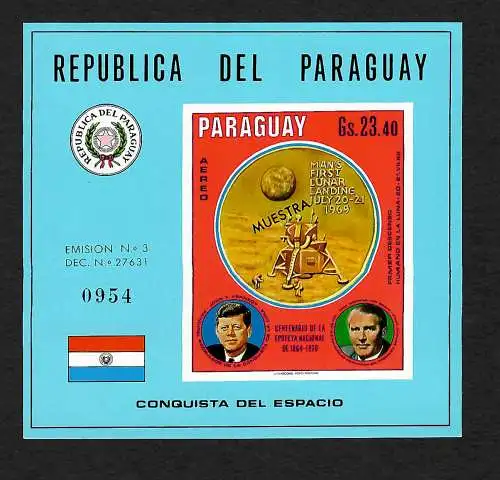 Paraguay: Apollo 11, Conquista del Espacio, MUESTRA, #2016, Block 137, mnh