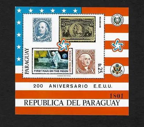 Paraguay: Apollo 11, First man on the moon, First US stamps, 200. aniverery EEUU