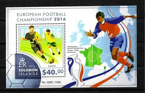 Solomon-Inseln: EM 2016, Football Championship France, Block mnh, postfrisch