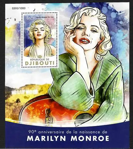 Djibouti: 90. Geburtstag von Marilyn Monroe, Block postfrisch