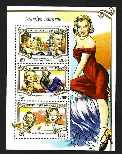 Niger: Tribut an Marilyn Monroe, Block mit 3 Marken, postfrisch, 2015