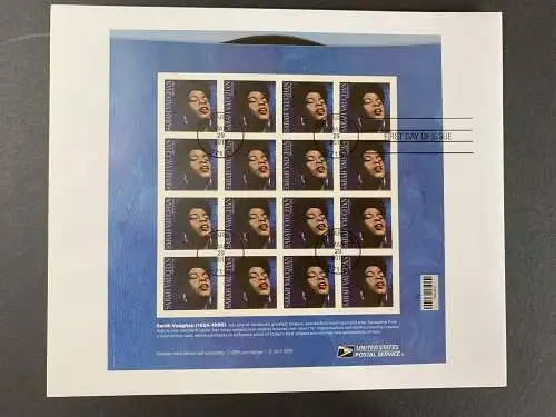 Forever USA 2015: FDC with sheet of Sarah Vaughan 16 stamps #5059