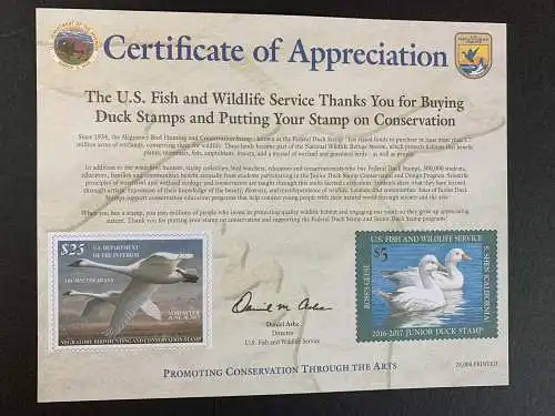 USA: US Department of the Interior, 2017: $25 stamp with certification, mnh