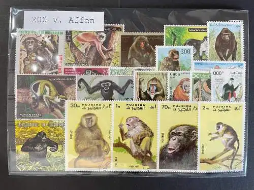 200 different stamps of monkey, Affen, alle Welt