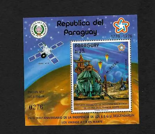 Paraguay: Eroberung des Mars, mit Aufdruck MUESTRA, Block postfrisch