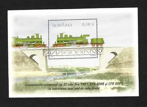 Rumänien: Dampflokomotive mit Tender auf Brücke, Block postfrisch