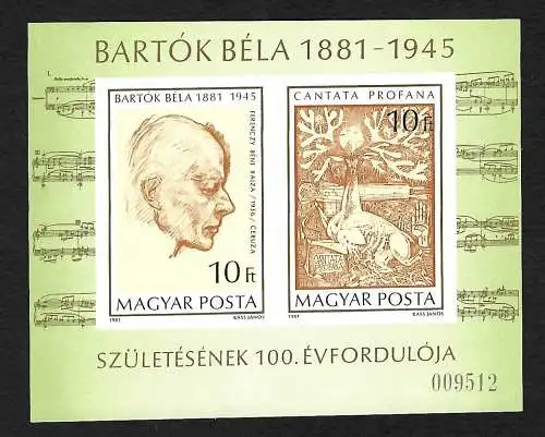 150. Geburtstag vn Bela Bartok, 1981 ungezähnt, Block 148B