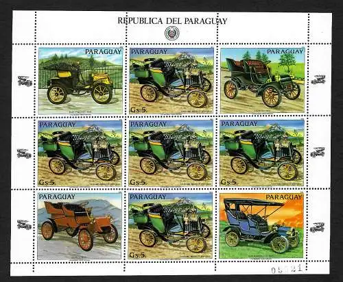 Paraguay: Oldtimer, Vintage cars, 9x Briefmarken im Block, postfrisch #3633-39