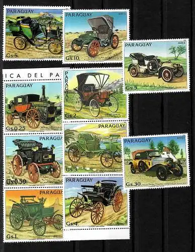 Paraguay: Oldtimer, Vintage cars, 9x Briefmarken im Satz, postfrisch #3633-39