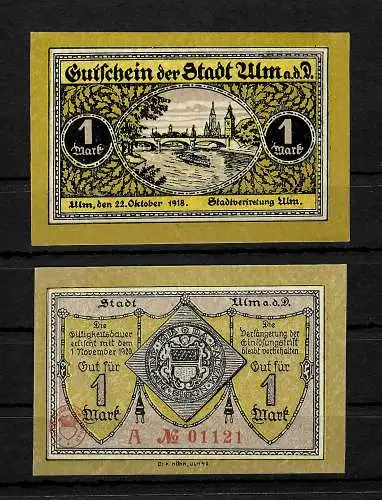 Guteschein der Stadt Ulm, 1918, Notgeld aus Bayern, 1 Mark