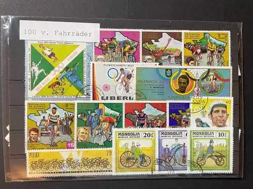 100 verschiedene Fahrrad Briefmarken, 100 different bicycle stamps 