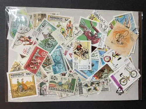 100 verschiedene Fahrrad Briefmarken, 100 different bicycle stamps 