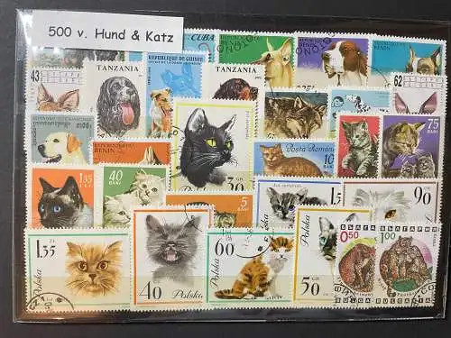 500 verschiedene Hunde/Katzen Briefmarken, 500 different dog/cat stamps