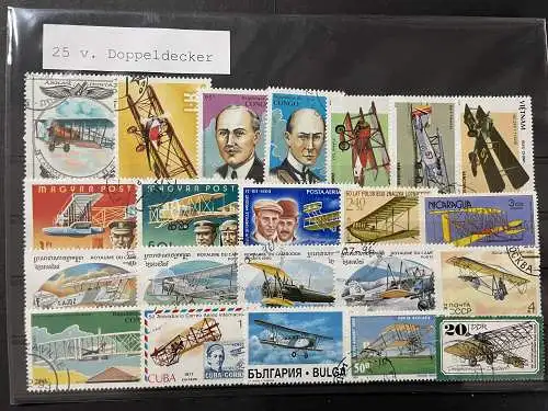 25 verschiedene Briefmarken Doppeldecker, 25 different biplane stamps