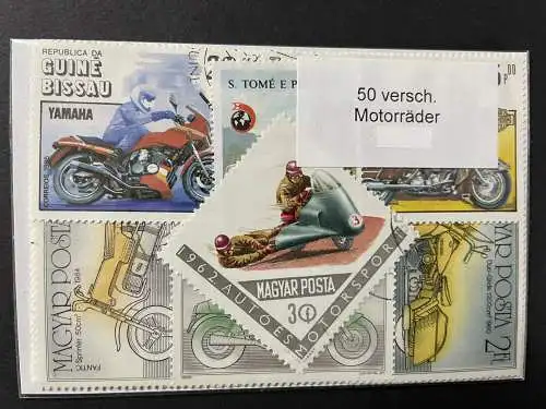 50 verschiedene Motorräder Briefmarken, 50 different motor bike stamps