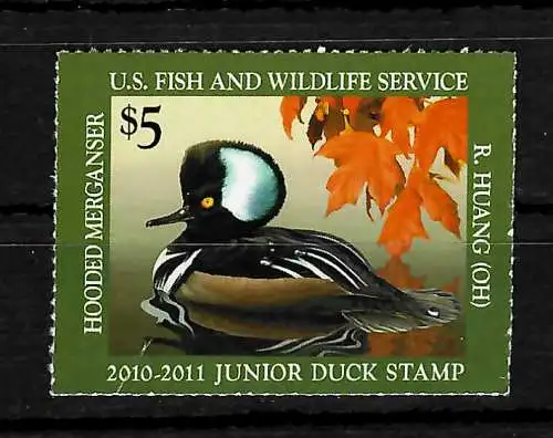 USA: Fish and Wildlife Service, 2011 Junior Duck Stamp, Hooded Merganser