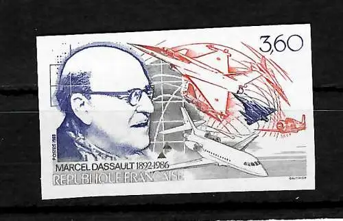 Frankreich 2. Todestag von Marcel Dassault, ungezähnt, Luftfahrt, #2637