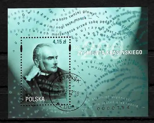 Pologne: 200 ans de Zygmunt Krasinski, #4549, bloc 204, cacheté