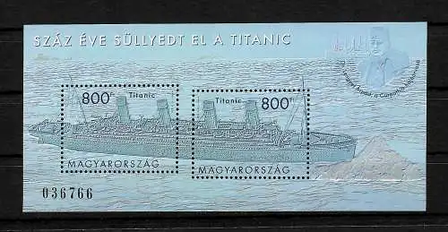 Hongrie: centième anniversaire de la chute du Titanic #Block 345, #5552-5553, **