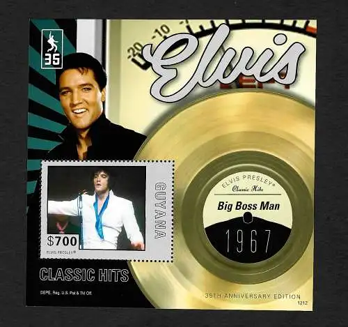 Guyana: Elvis Presley, Classic Hits, Big Boss Man 1967, Briefmarken-Block