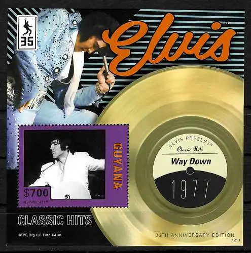 Guyana: Elvis Presley, Classic Hits, Way Down, 1977, Briefmarken-Block