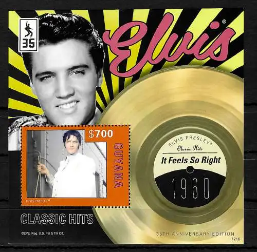 Guyana: Elvis Presley, Classic Hits, It Feels so Right, 1960, Briefmarken-Block