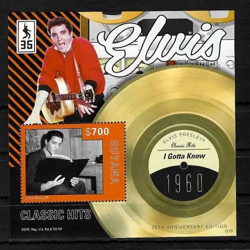 Guyana: Elvis Presley, Classic Hits, I Gotta Know, 1960, Briefmarken-Block