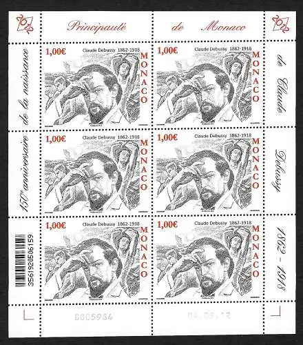 Monaco: Claude Debusy, Kleinbogen mit 6 Briefmarken, postfrisch