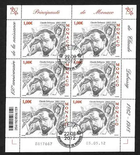 Monaco: 150e anniversaire Claude Debusy, petit arc avec 6 timbres, cacheté