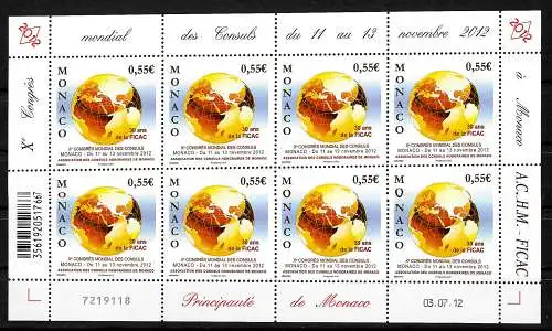 Monaco: 10. Weltkongress der Konsule, Kleinbogen mit 8 Briefmarken, postfrisch