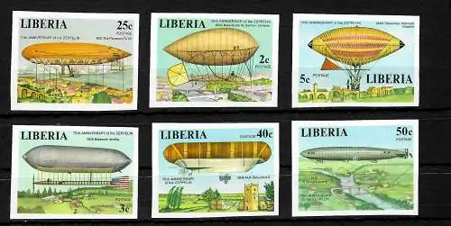 Liberia: 75 Jahre Zeppelin-Luftschiffe, 6 Marken, #1054-1059B, ** 