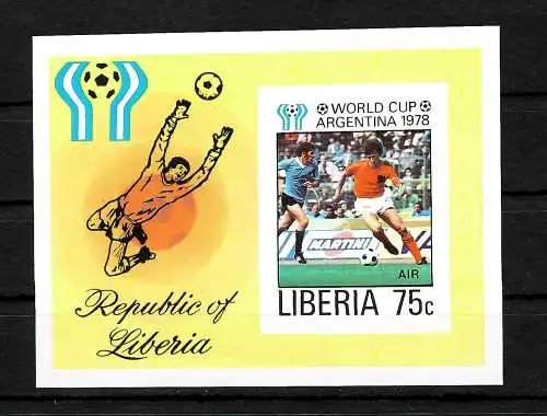 Liberia: Coupe du monde de football 1978, Argentine, #1067, bloc 90B, **