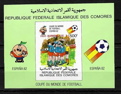 Comores: vainqueur de la Coupe du monde en Espagne en 1982: #670, bloc #233, frais de port