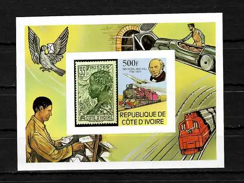 Côte d'Ivoire: 100e anniversaire de la mort de Sir Rowland Hill #611, bloc #14B, frais de port