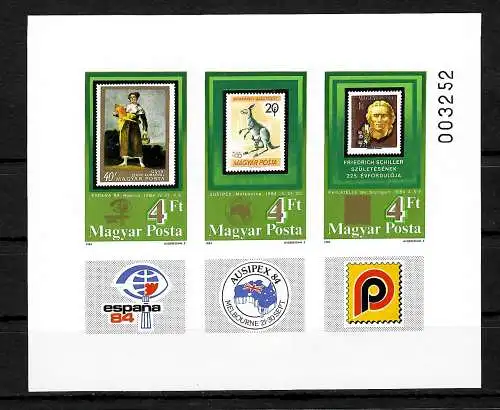 Hongrie: Exposition des timbres ESPANA 1984 AUSIPEX #3670-72, bloc 171B