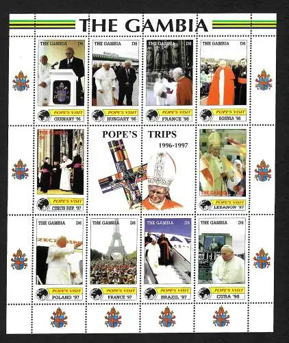 Gambia: Papst Johannes Paul II, Reisen 1996-97, #3670-3679, Kleinbogen, **