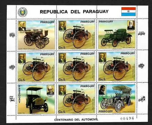 Paraguay: Historische Autos, #3979, Kleinbogen, postfrisch