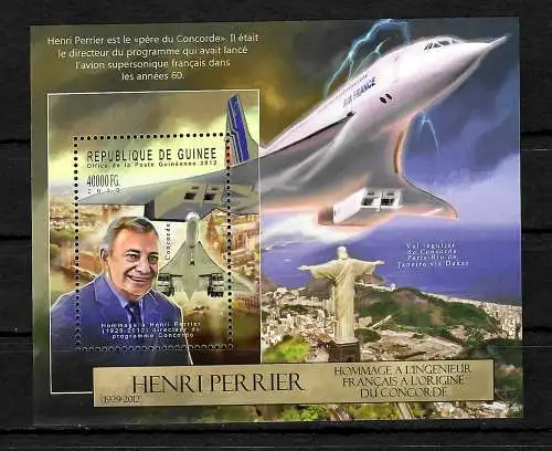 Guinea: Tod von Henri Perrier, - Flugzeug- Air France, Concorde Block postfrisch