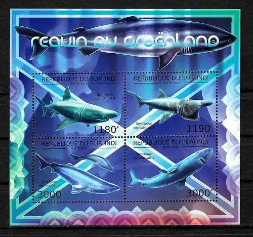 Burundi: Requin du Groenland, bloc de 4 timbres, 2012, bloc postal