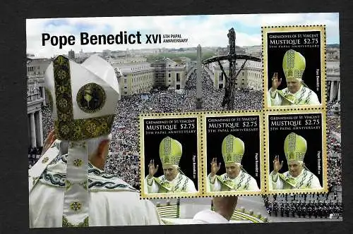 grenadines: le pape Bendedict XVI, 5ème anniversaire du pontificat, bloc post-frais