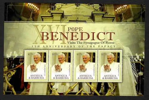 Antigua: Le pape Bendedict XVI, 5ème anniversaire Pontificat, bloc, post-frais