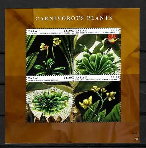 Palau: plantes carnivores, bloc de 4 marques, frais, **