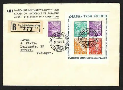 Schweiz: NABA 1934, Einschreiben Block Nr. 1 auf Brief nach Erfurt, Vignette FDC