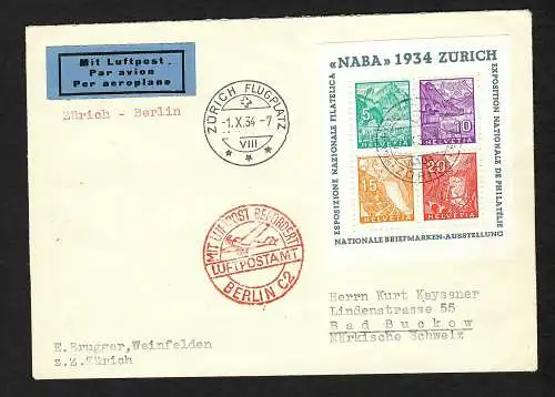 NABA 1934, Einschreiben Block Nr. 1 auf Brief nach Erfurt, Luftpost FDC, Attest