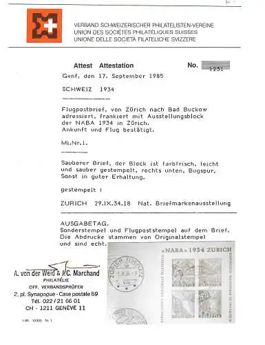 NABA 1934, Einschreiben Block Nr. 1 auf Brief nach Erfurt, Luftpost FDC, Attest