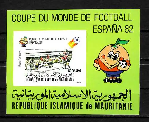 Mauritanie: Football WM 1982 Espagne #696, bloc #29B, frais de port