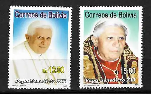 Bolivien:  Papst Bendedikt XVI, 2 Briefmarken, postfrisch