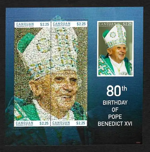 St. Vincent: 80. Geburtstag von Papst Bendedict XVI , Block postfrisch