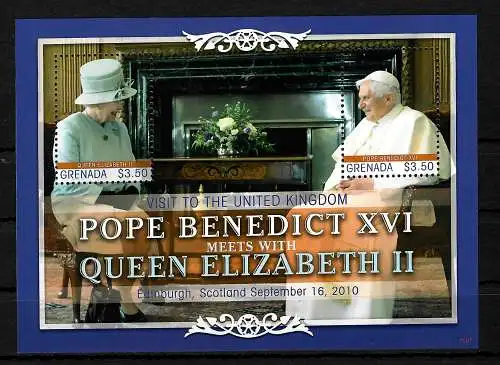 Grenada: Papst Bendedict XVI  und Queen Elizabeth II, Block postfrisch