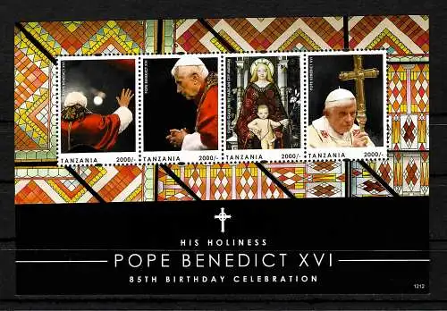 Tansania:  Papst Bendedict XVI,  Kleinbogen, postfrisch, **